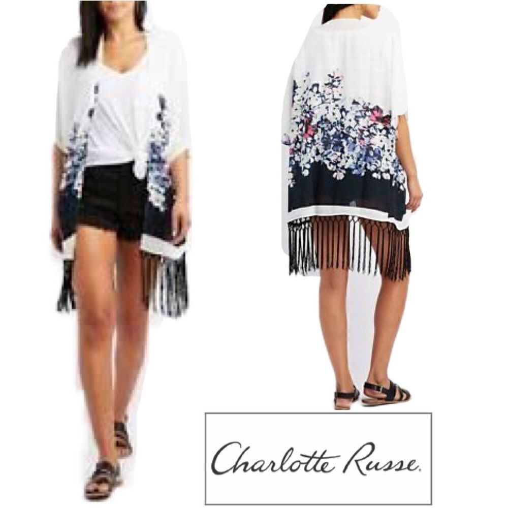Charlotte Russe Womens Size S/M Textured Floral Fringe-Hem Kimono Duster